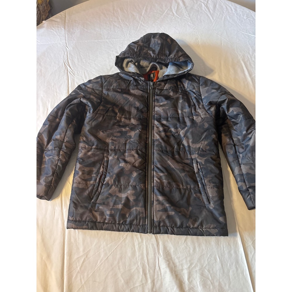 Russell Camo Puffer Jacket Boys Large Gray Black Orange Hooded Full Zip Quilted